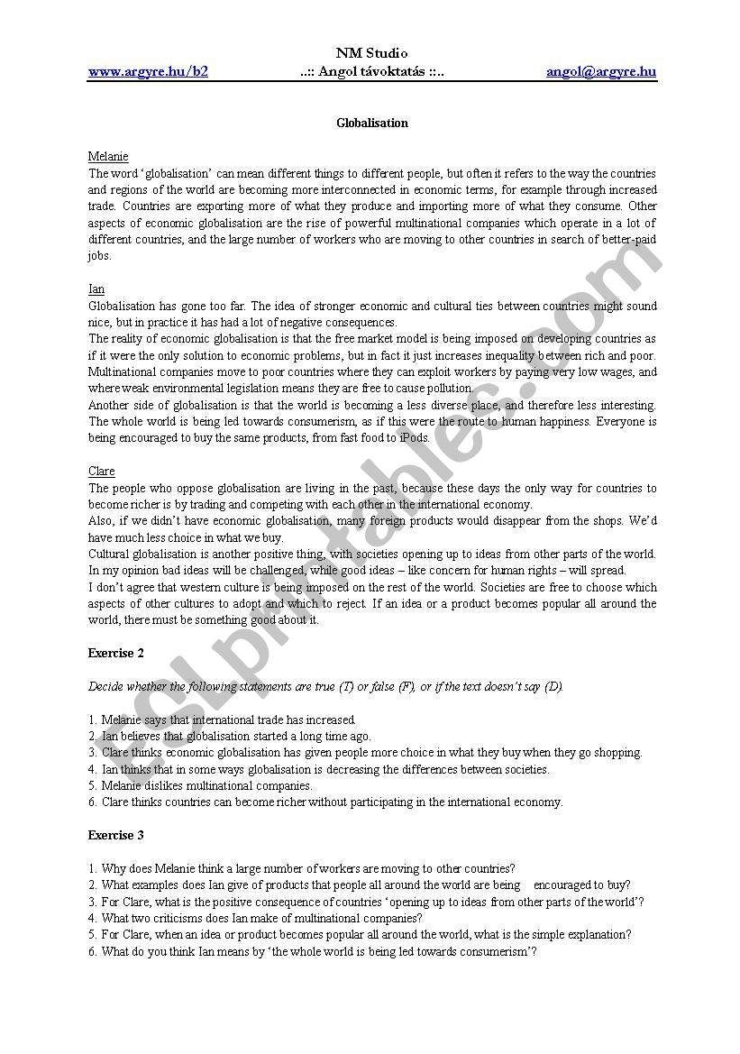 Globalization Reading Comprehension ESL Worksheet By Bettyke