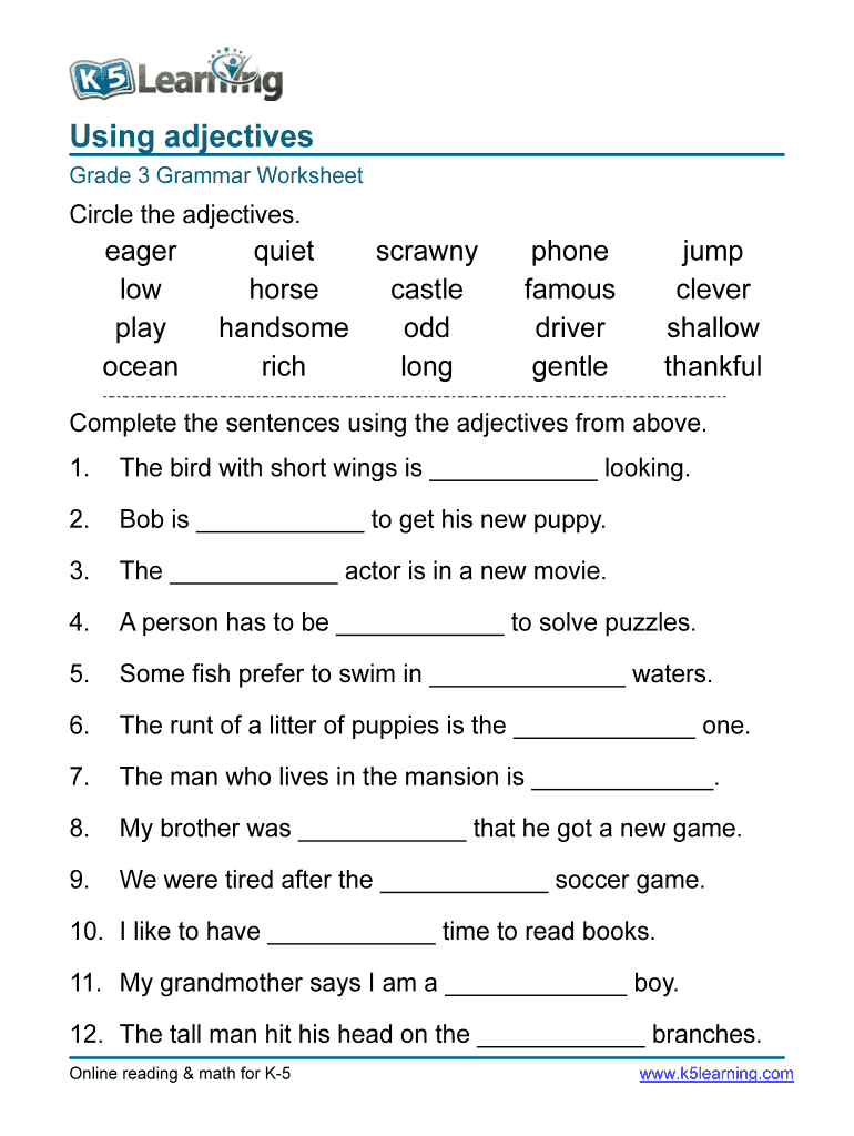 Grade 3 Grammar Worksheet Adjectives Fill Online Printable Fillable Blank PdfFiller