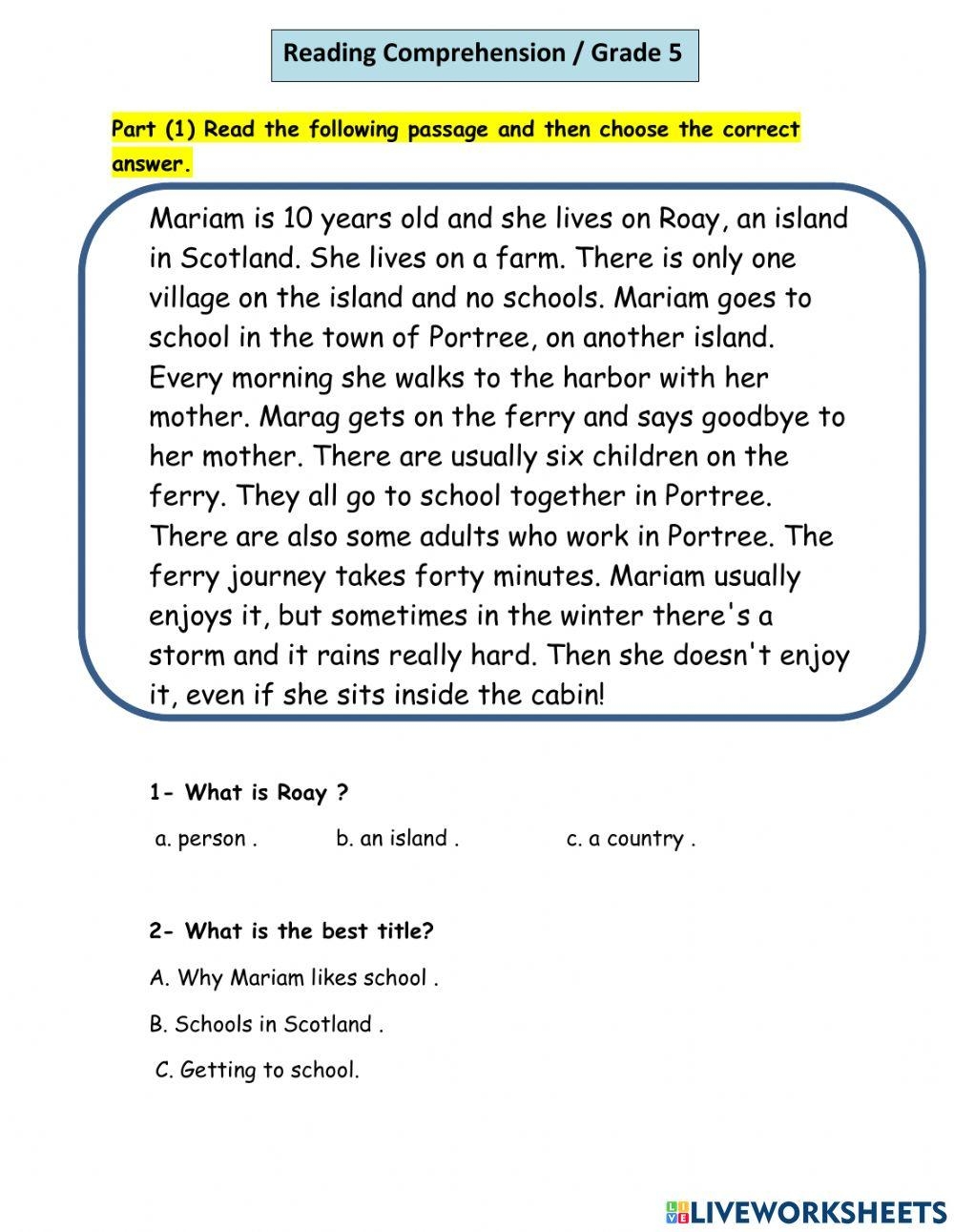 Grade 5 Reading Comprehension Worksheet Enhancing Literacy Skills