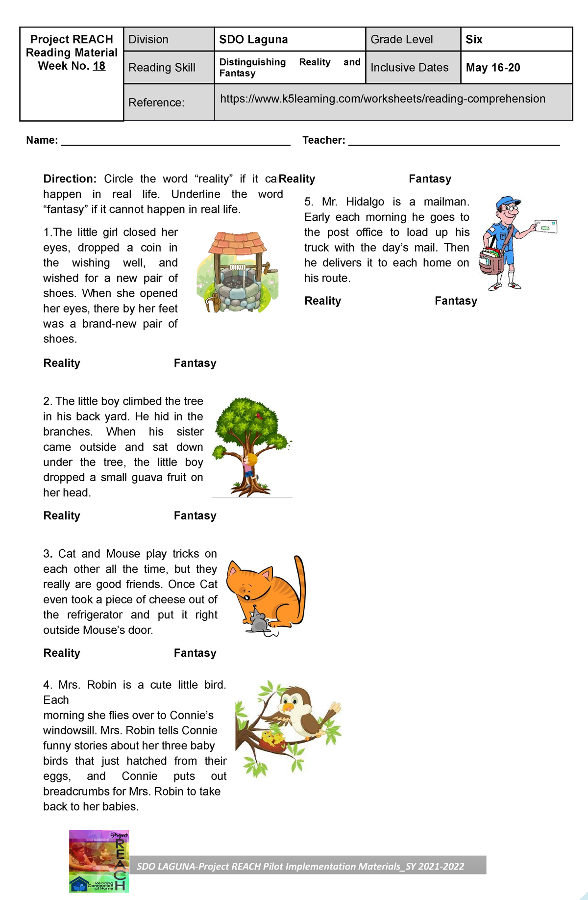 Grade 6 Lower Level Distinguishing Reality And Fantasy 1 May 16 20 Worksheets Library