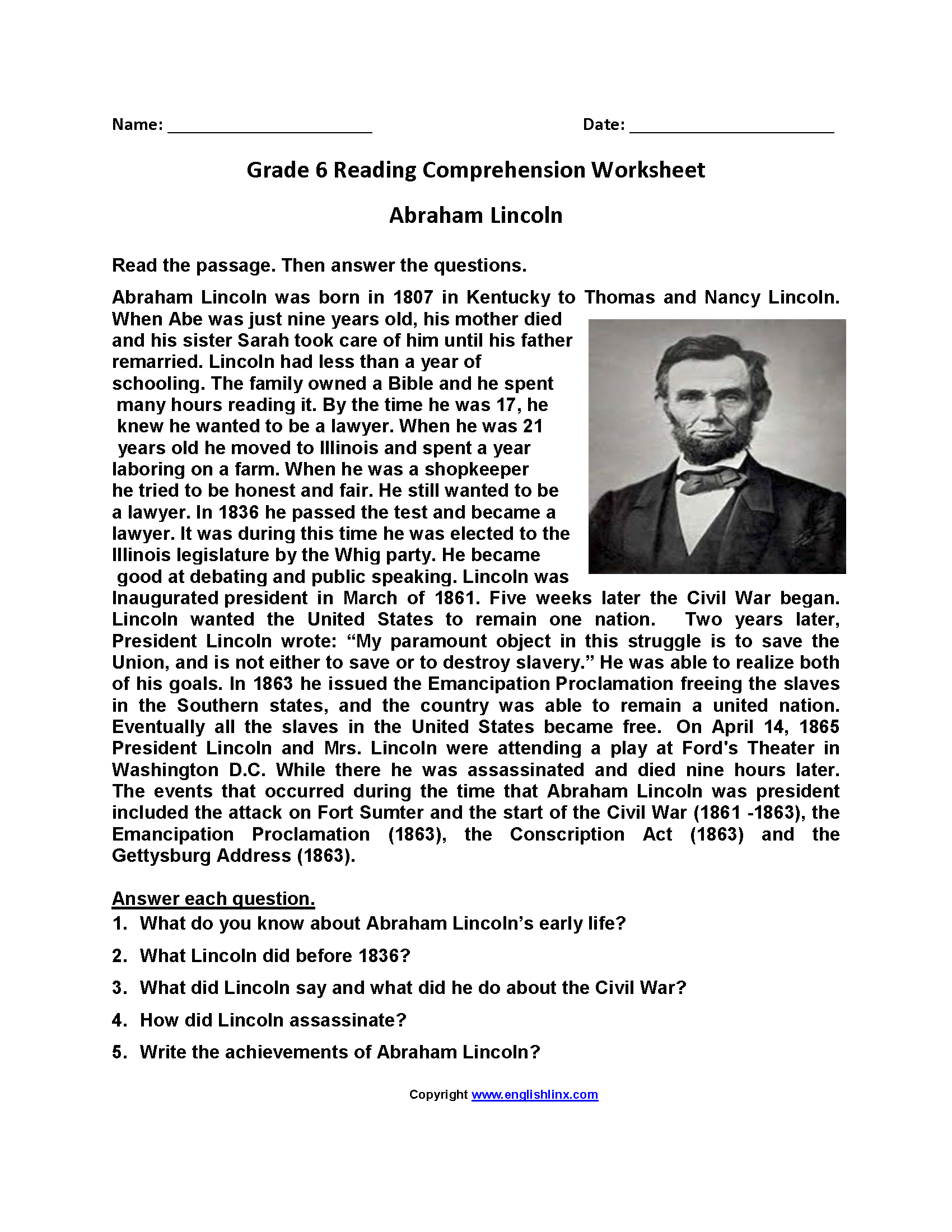 Grade 6 Reading Comprehension Pdf Worksheet