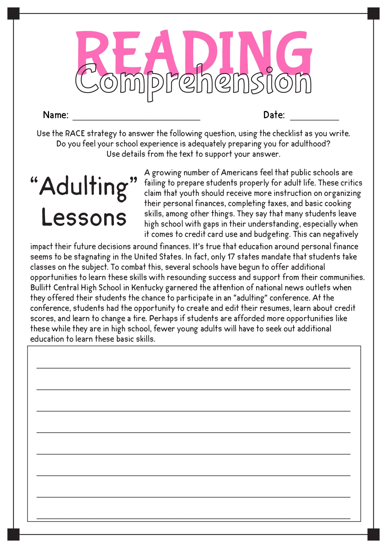 9Th Grade Reading Comprehension Worksheet Pdf