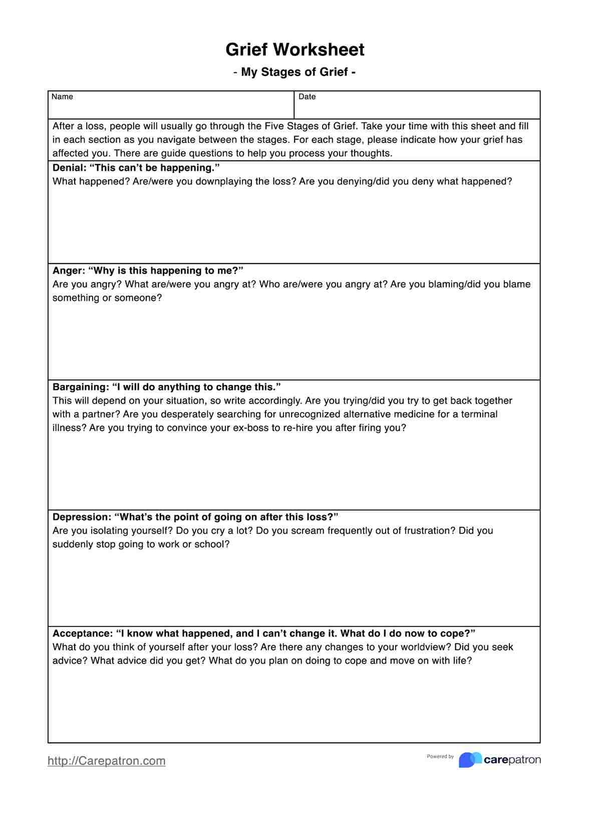 Grief Worksheets Example Free PDF Download