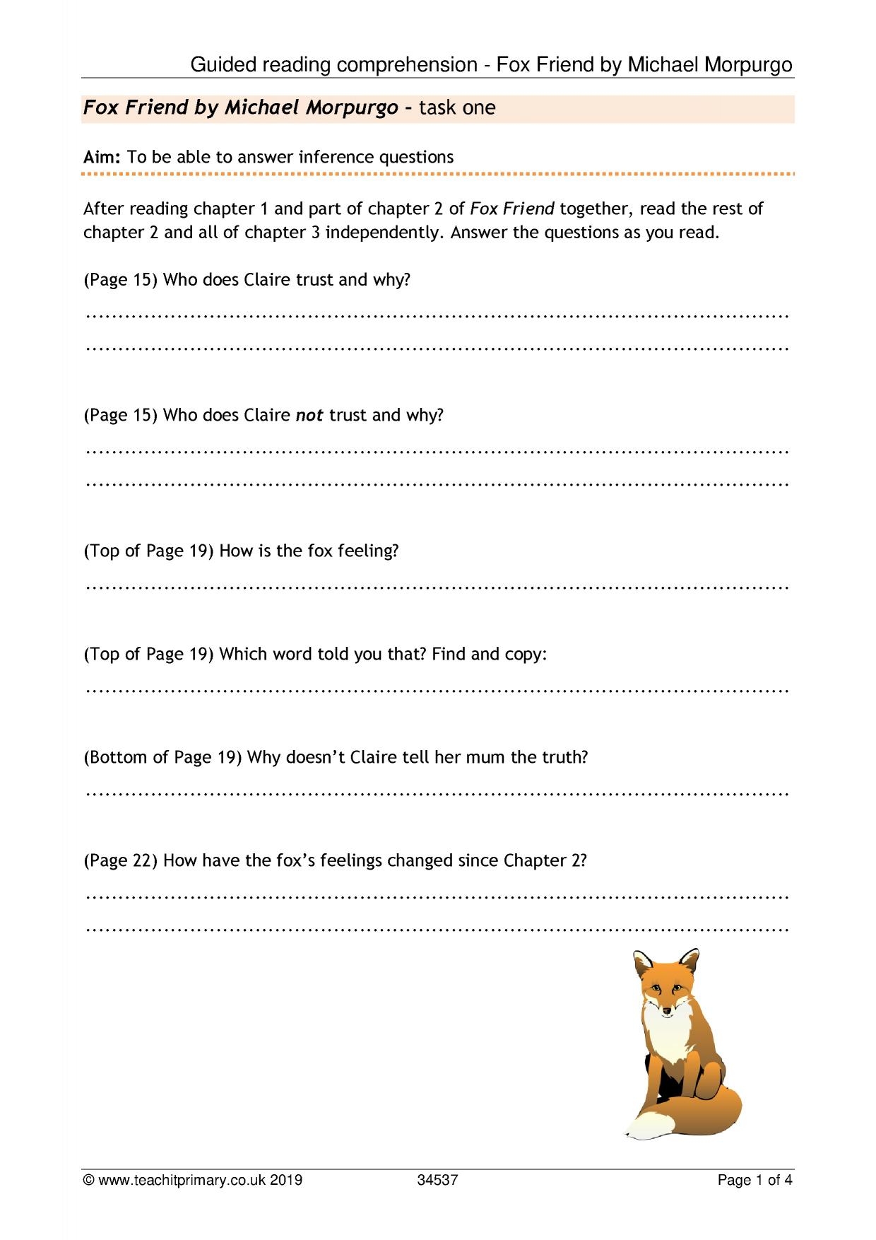 Guided Reading Comprehension Fox Friend By Michael Morpurgo KS1 Teachit