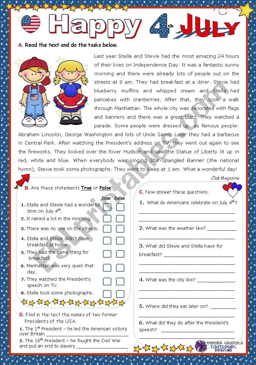 Happy 4th July Series 4 Reading Comprehension ESL Worksheet By Mena22