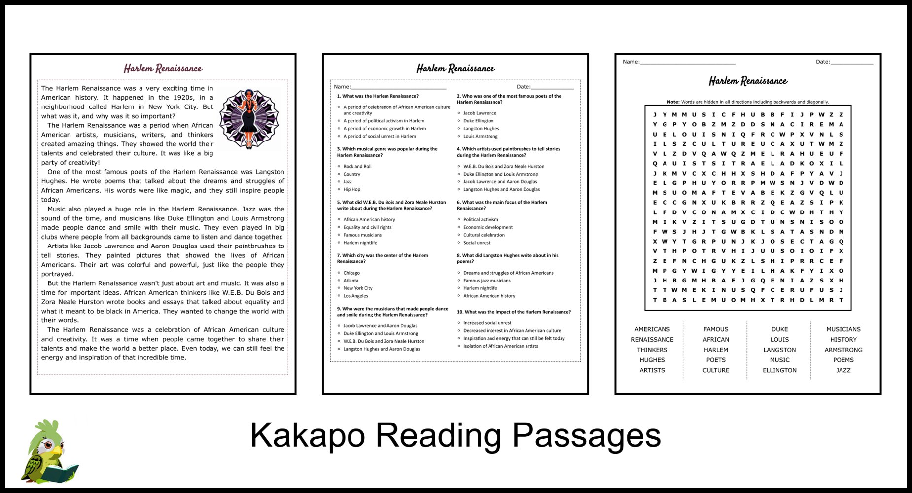 Harlem Renaissance Reading Comprehension And Word Search Teaching Resources Harlem Renaissance Reading Comprehension And Word Search Teaching Resources