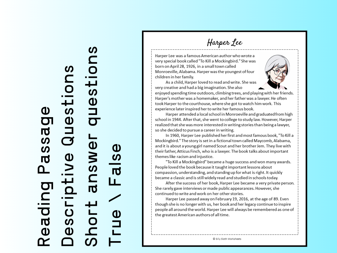 Harper Lee Biography Reading Comprehension Passage Printable Worksheet PDF Teaching Resources