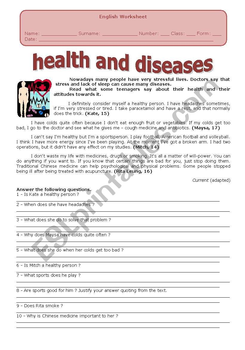 Disease Reading Comprehension Worksheet
