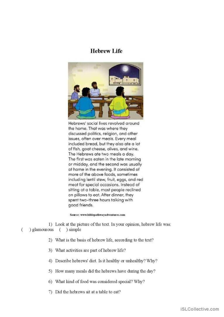 Hebrew Life Reading For Detail dee English ESL Worksheets Pdf Doc