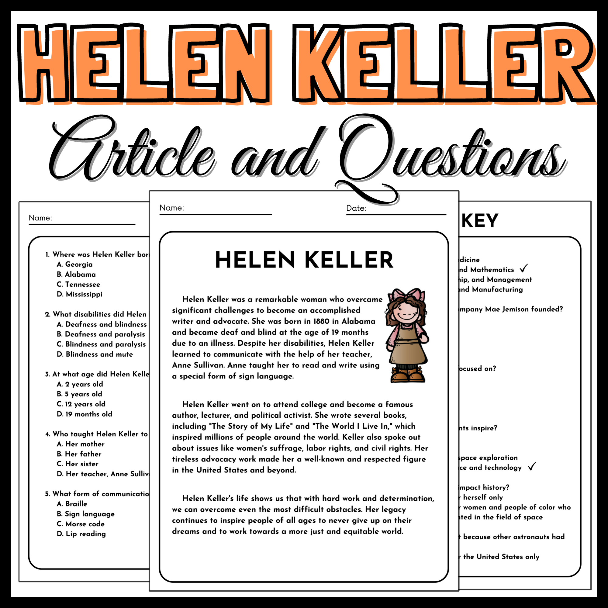 Helen Keller Article And Question Women s History Month Reading Comprehension Made By Teachers