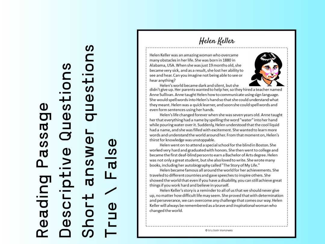 Helen Keller Biography Reading Comprehension Passage Printable Worksheet PDF Teaching Resources