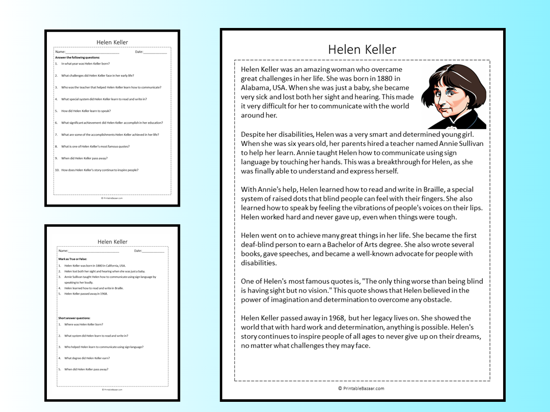 Helen Keller Reading Comprehension Worksheet