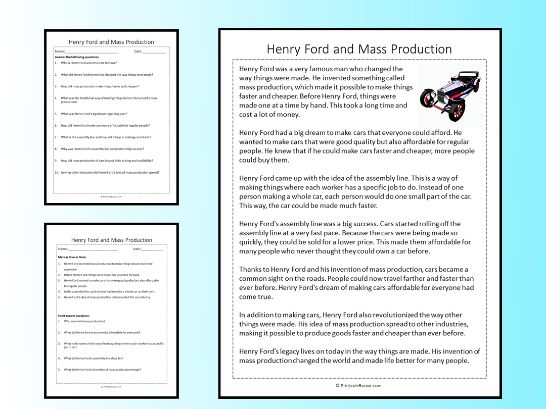 Henry Ford And Mass Production Reading Comprehension Passage Printable Worksheet Teaching Resources