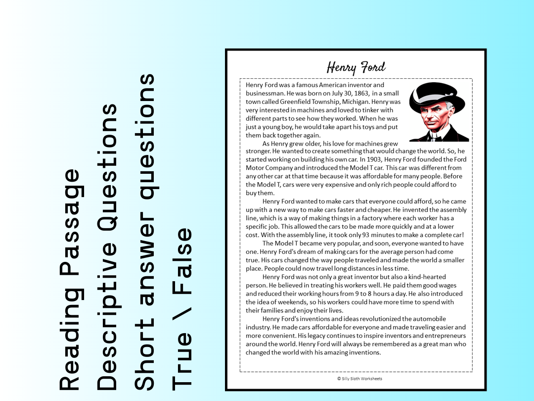 Henry Ford Biography Reading Comprehension Passage Printable Worksheet PDF Teaching Resources