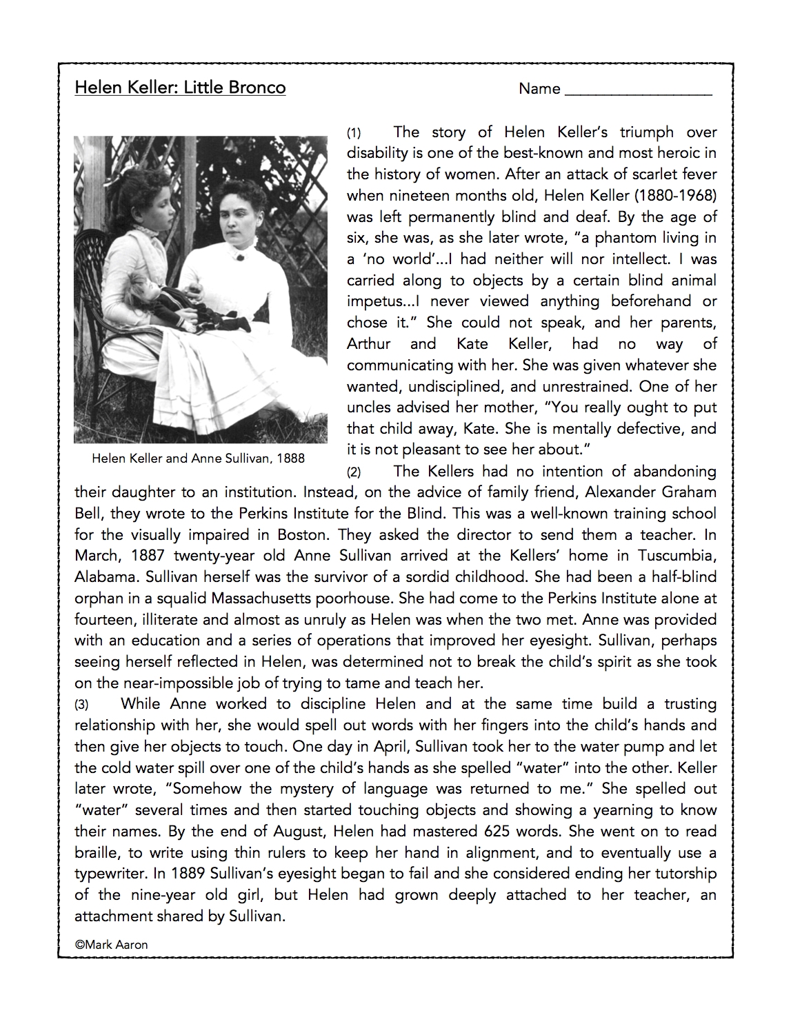Heroic Women Helen Keller Reading Comprehension Passage And Assessment Classful