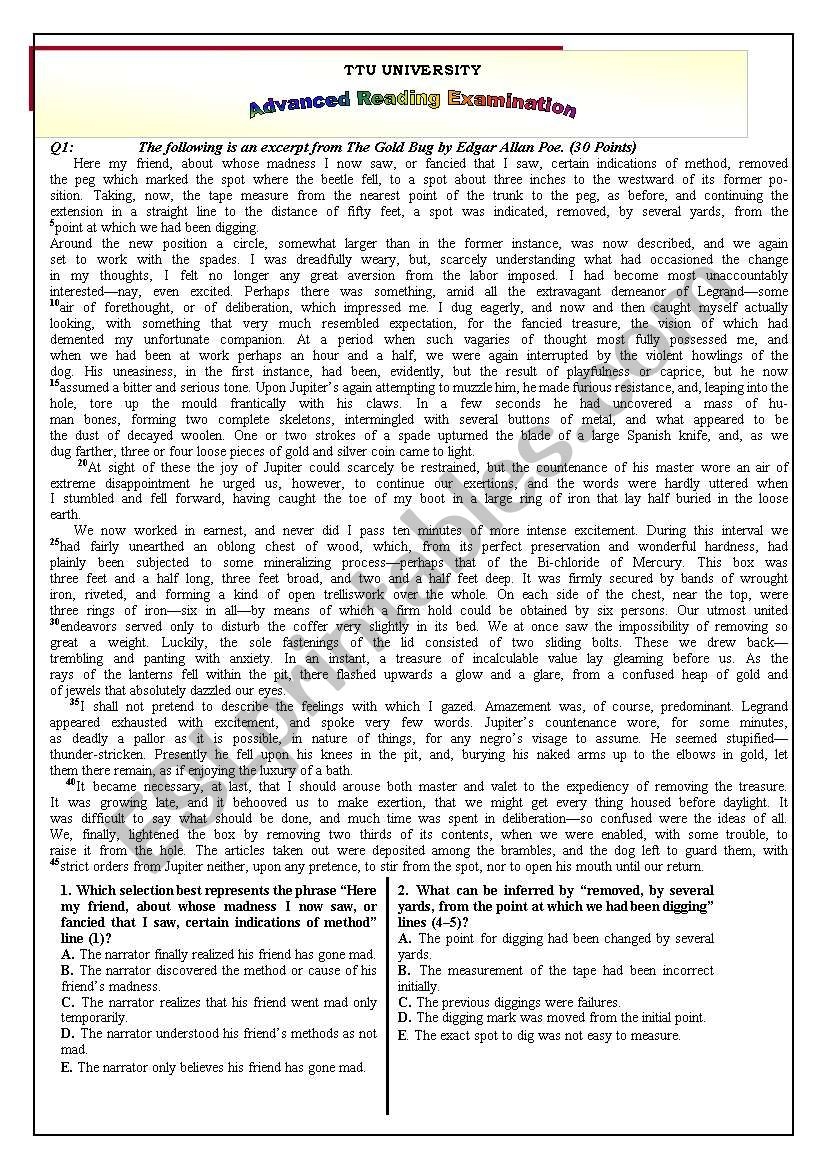 Advanced Level Reading Comprehension Worksheets