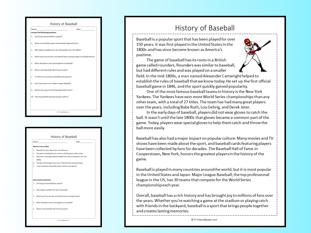 History Of Baseball Reading Comprehension Passage Printable Worksheet Teaching Resources