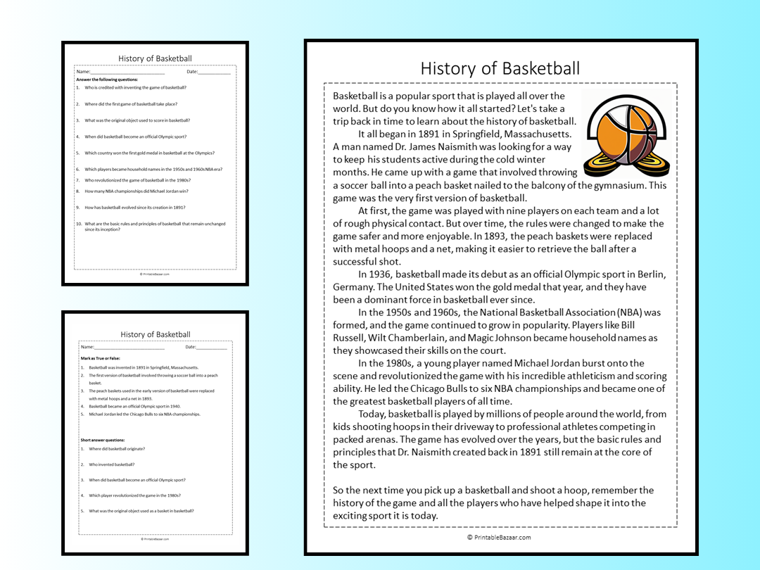 History Of Basketball Reading Comprehension Passage Printable Worksheet Teaching Resources