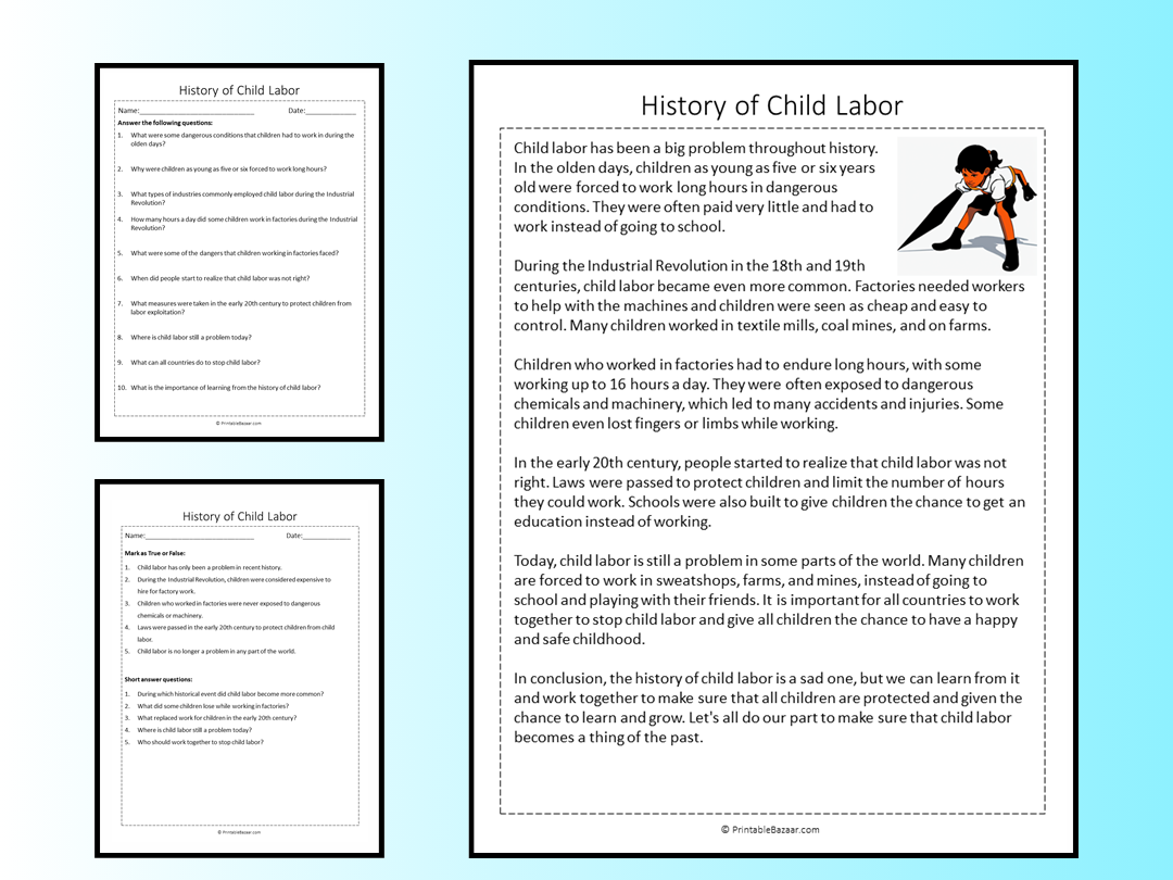 History Of Child Labor Reading Comprehension Passage Printable Worksheet Teaching Resources