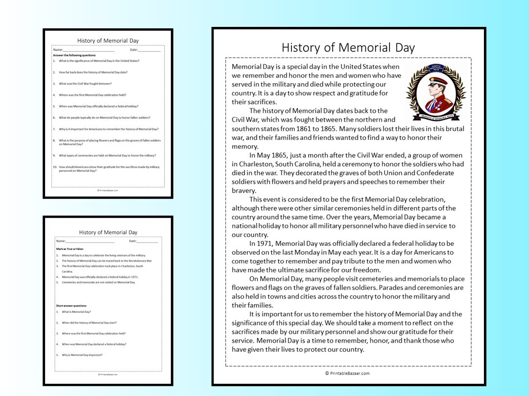 History Of Memorial Day Reading Comprehension Passage Printable Worksheet Teaching Resources