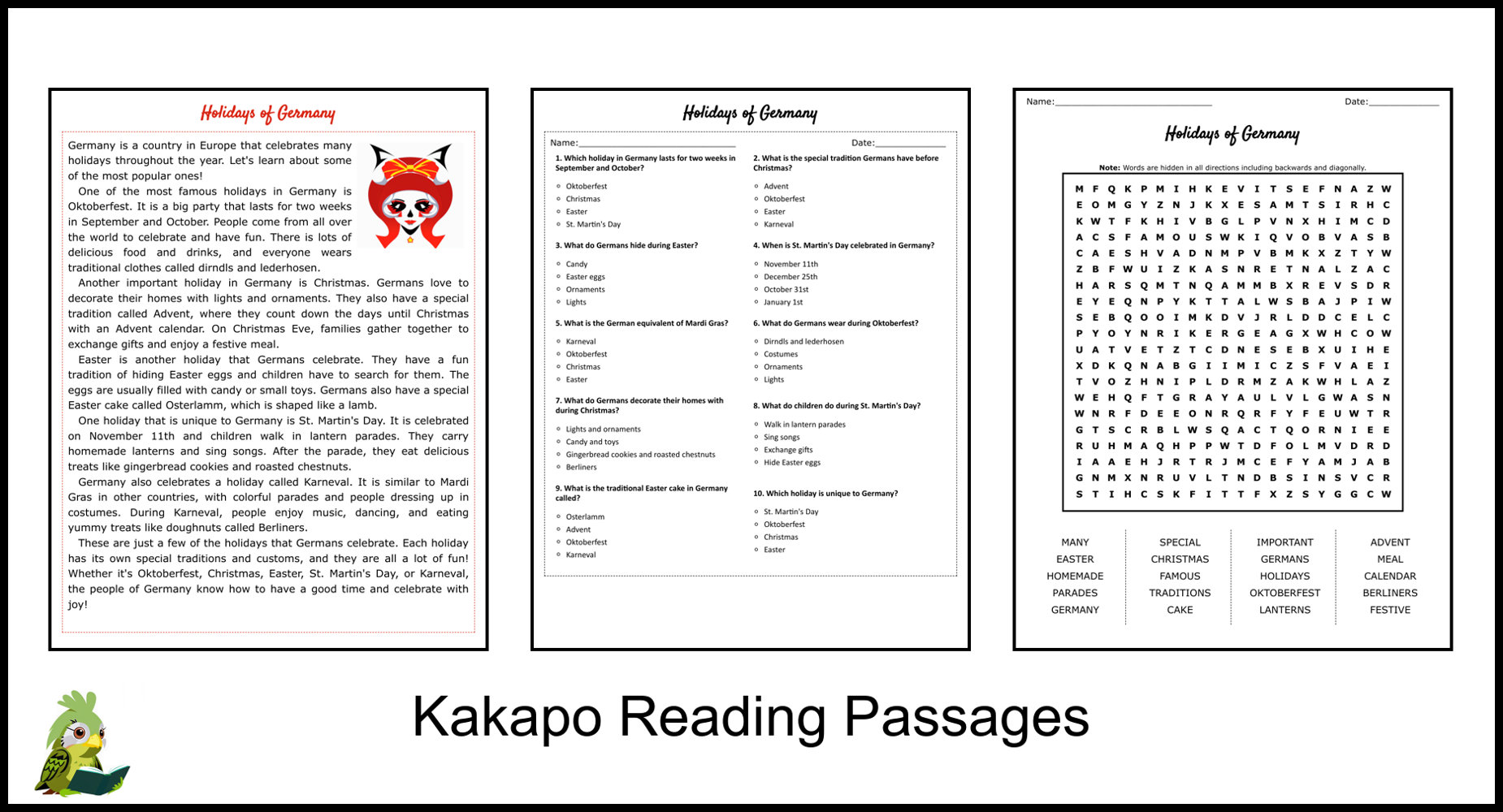 Holidays Of Germany Reading Comprehension And Word Search Teaching Resources