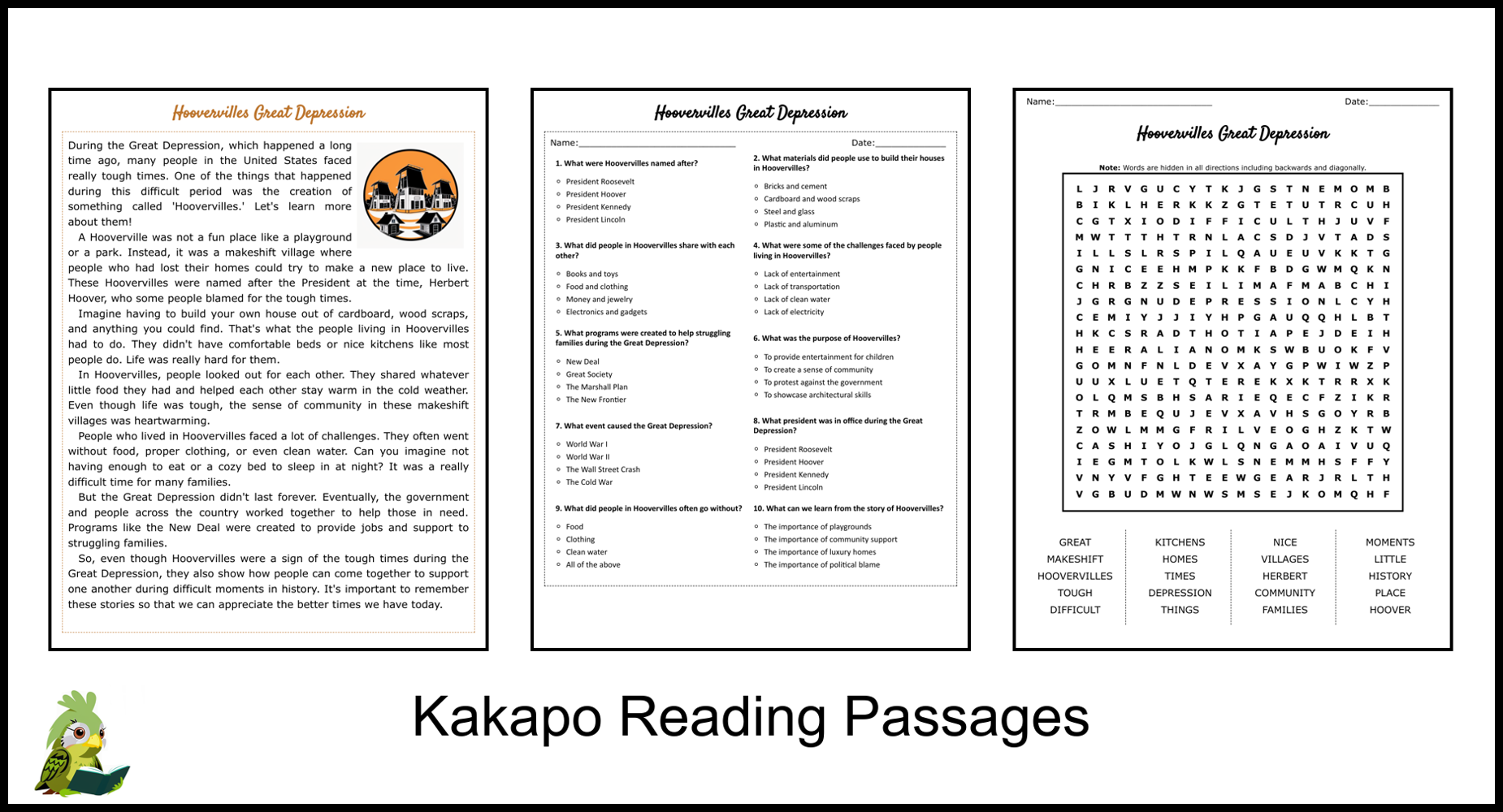 Great Depression Reading Comprehension Worksheet