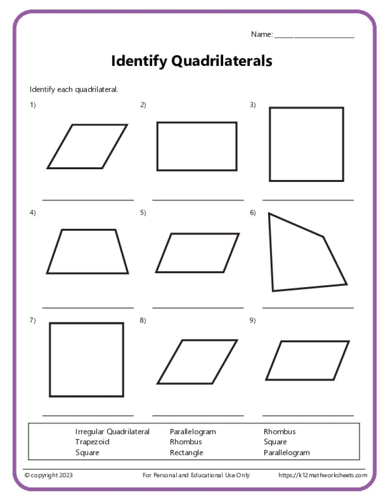 Identify And Draw Quadrilaterals K12 Math Worksheets