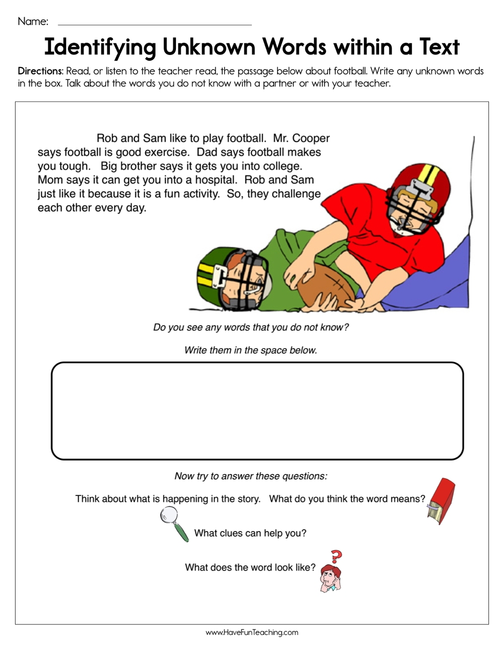 Fun Football Kindergarten Reading Comprehension Worksheets