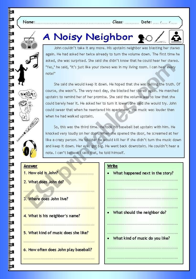 Imaginative Reading Comprehension A Noisy Neighbor Elementary Pre Intermediate ESL Worksheet By PhilipR