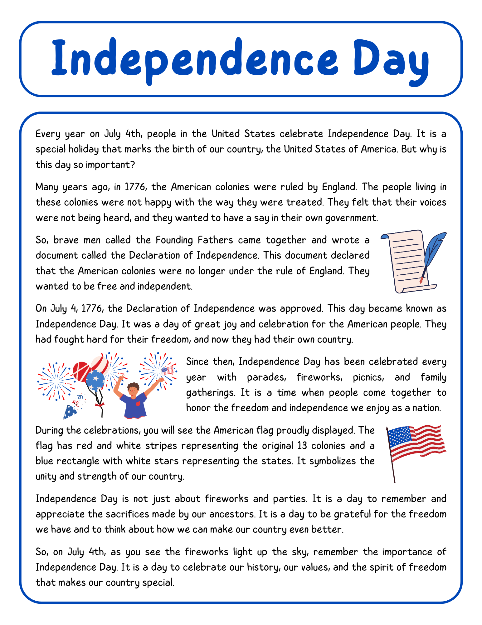 4Th Of July Reading Comprehension Worksheet