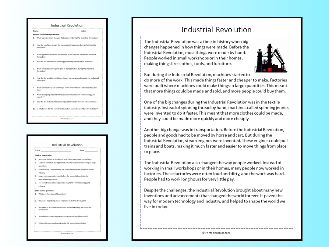 British Industrial Revolution Reading Comprehension Worksheets