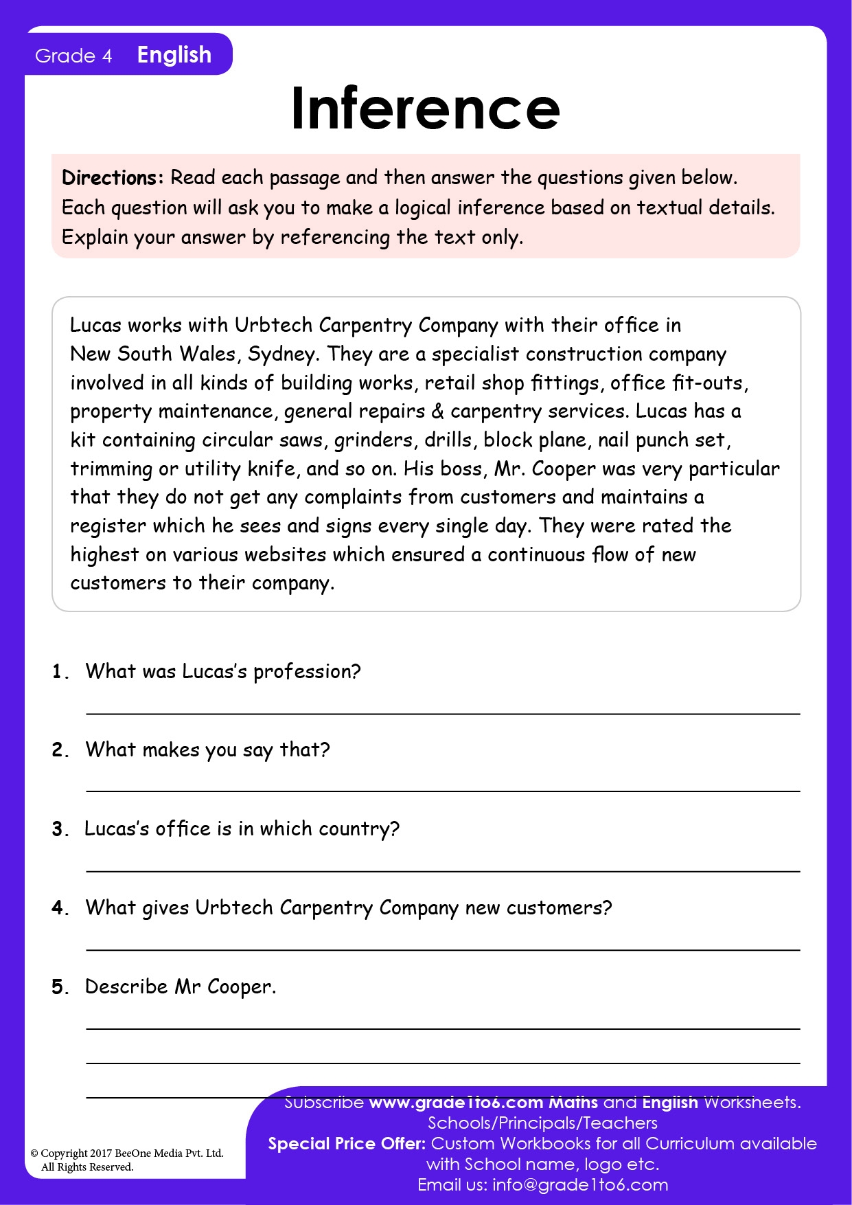 Inference Worksheets For Grade 4 Grade1to6