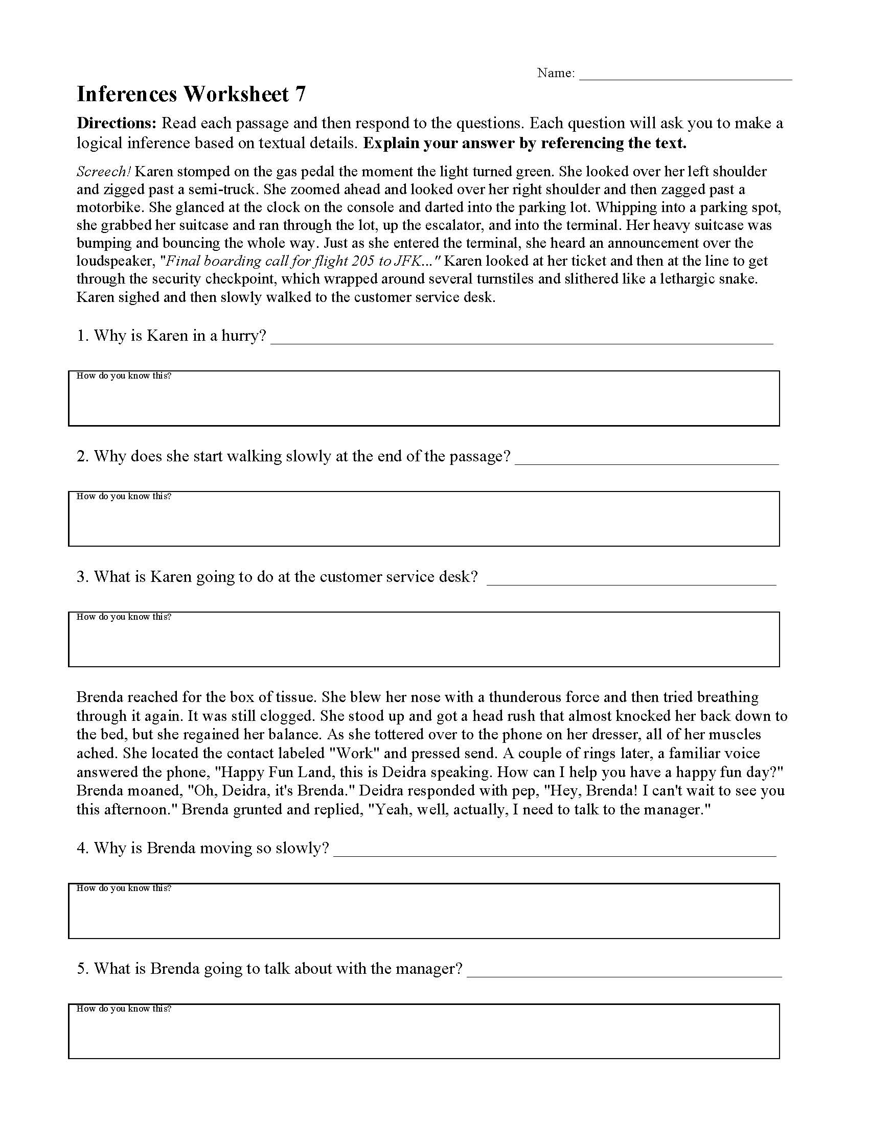 Inferences Worksheet 7 Reading Activity