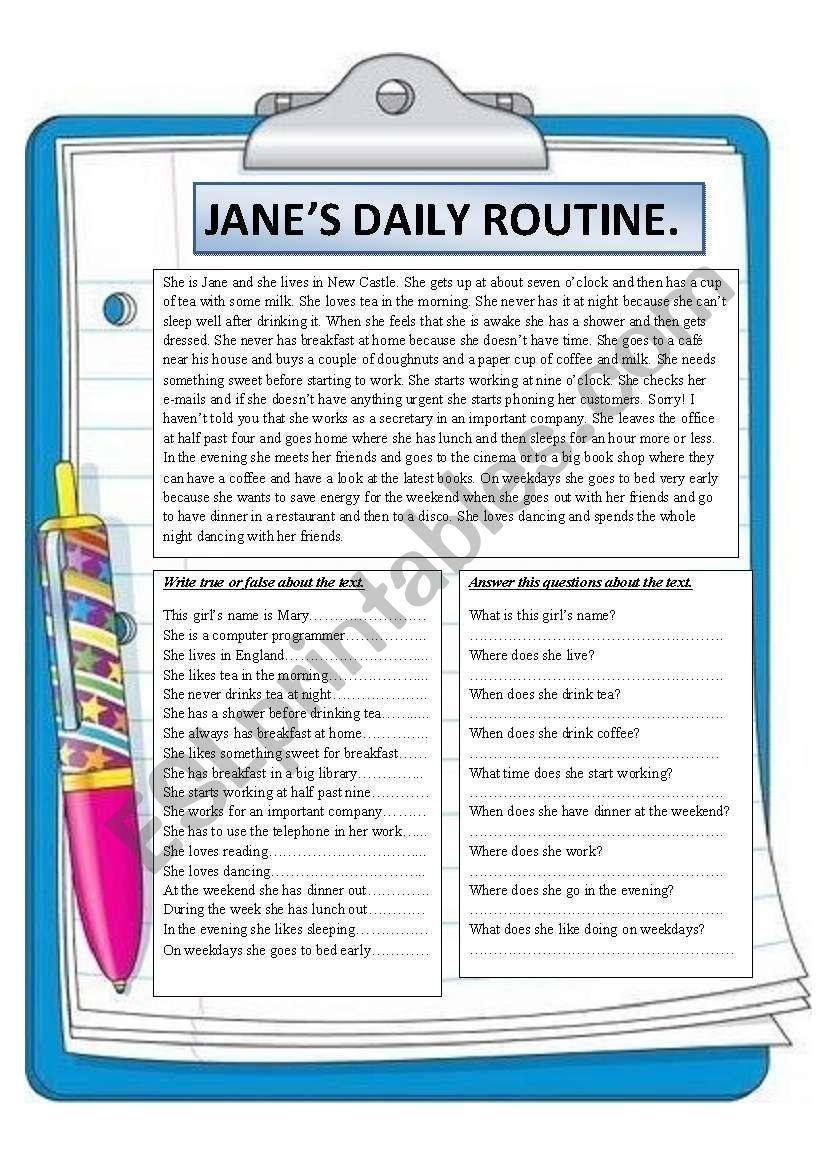 JANE S DAILY ROUTINE READING COMPREHENSION ESL Worksheet By Montseteacher