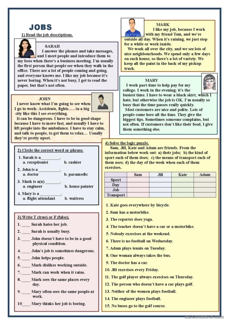 Esl Reading Comprehension Worksheets Jobs Esl Reading Comprehension Worksheets Jobs