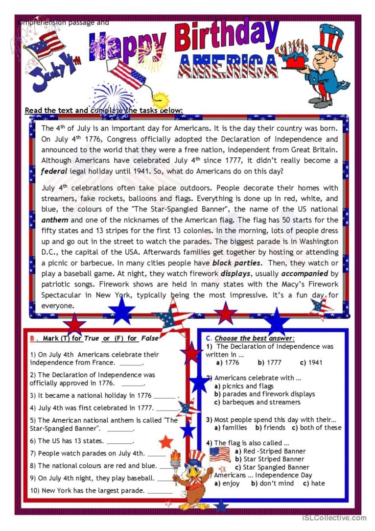JULY 4th HAPPY BIRTHDAY AMERICA Re English ESL Worksheets Pdf Doc