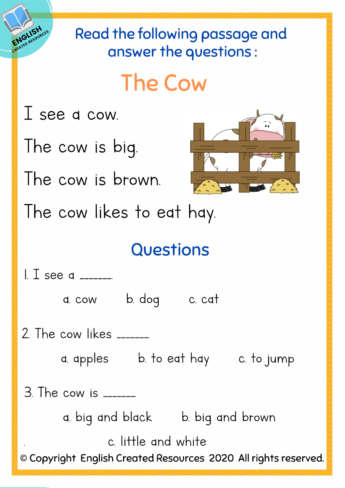 Kindergarten Reading Comprehension Part 1 English Created Resources