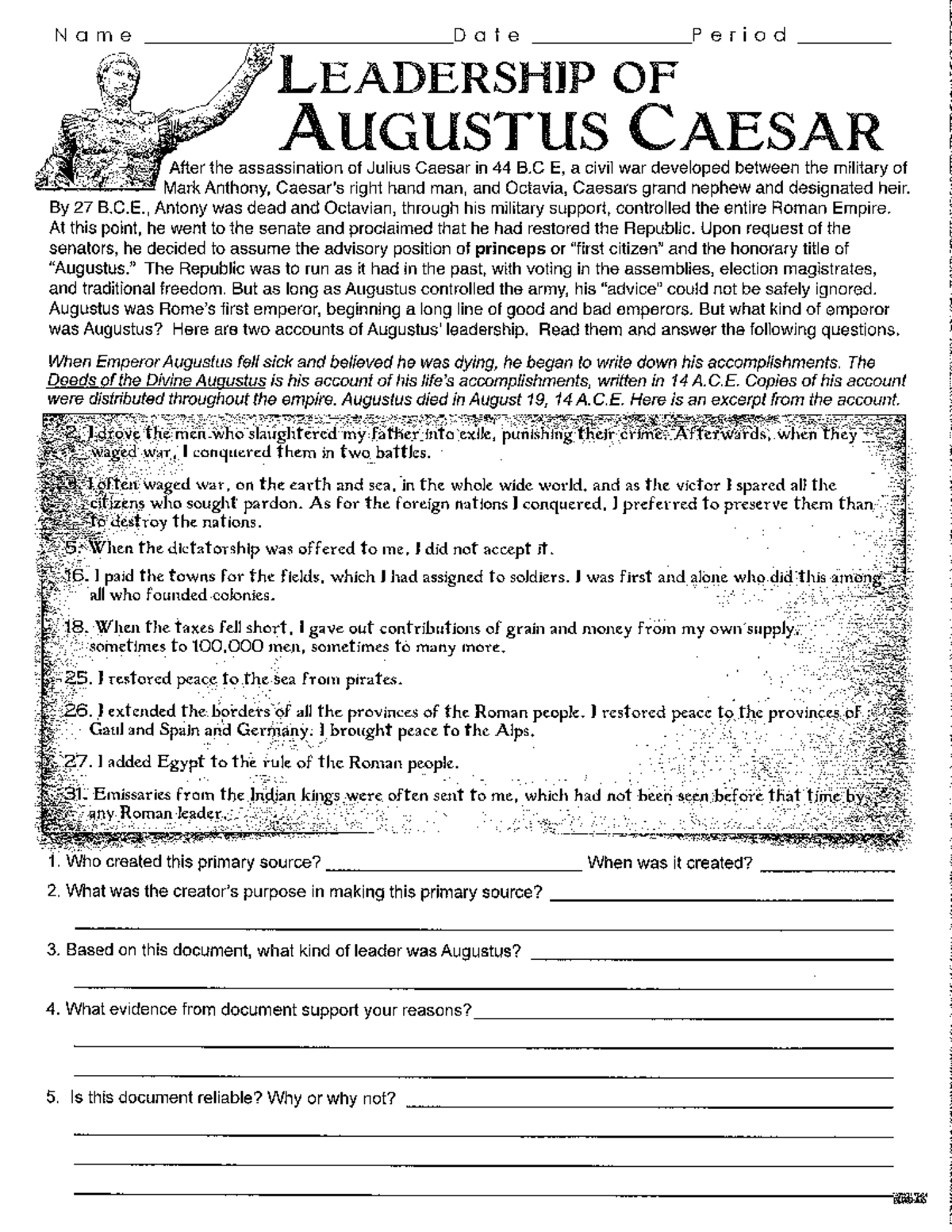 Elementary Augustus Reading Comprehension Worksheet
