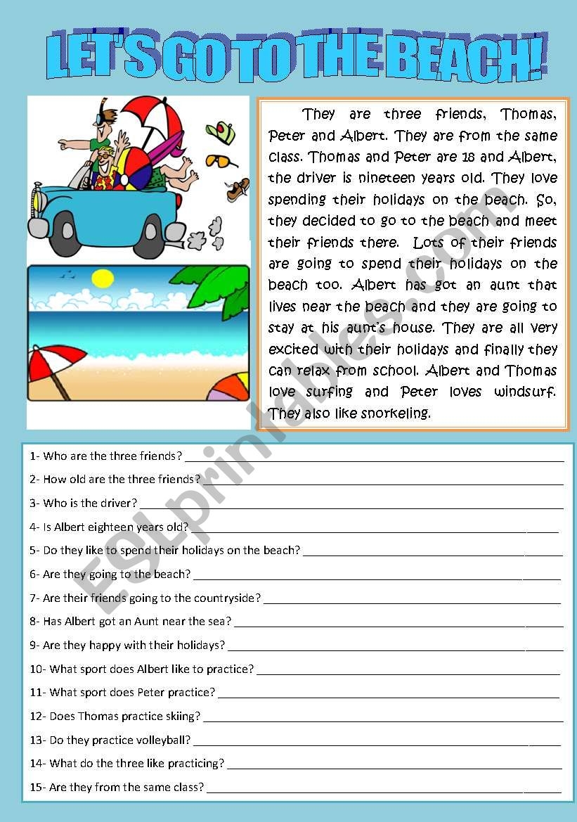 LET S GO TO THE BEACH READING AND COMPREHENSION ESL Worksheet By Sandytita