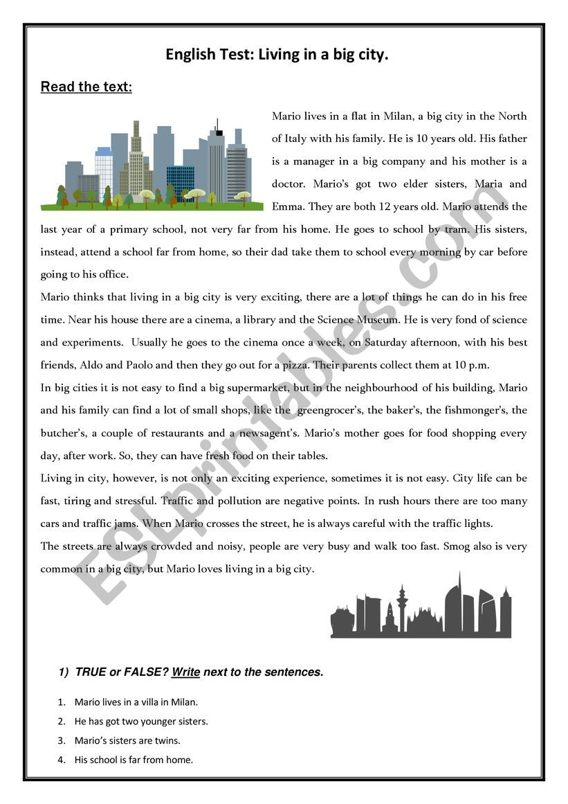 Life In A Big City TEST ESL Worksheet By Riso