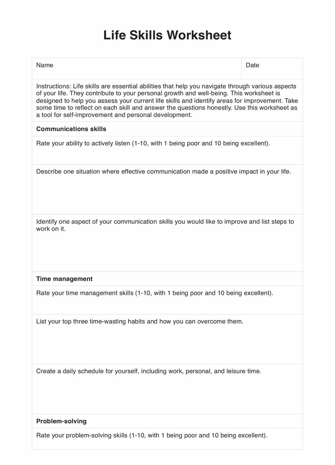 Life Skills Worksheets Example Free PDF Download