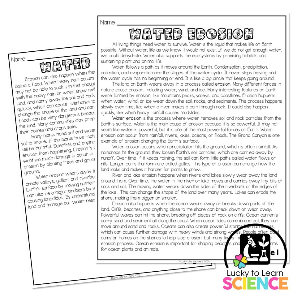 Lucky To Learn Science Water Erosion Reading Passage Article Lucky Little Learners