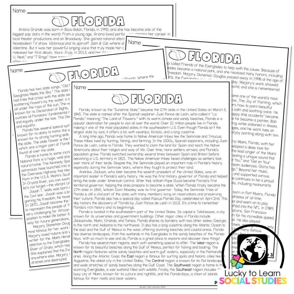 Lucky To Learn Social Studies US States Florida Reading Passage Article Lucky Little Learners