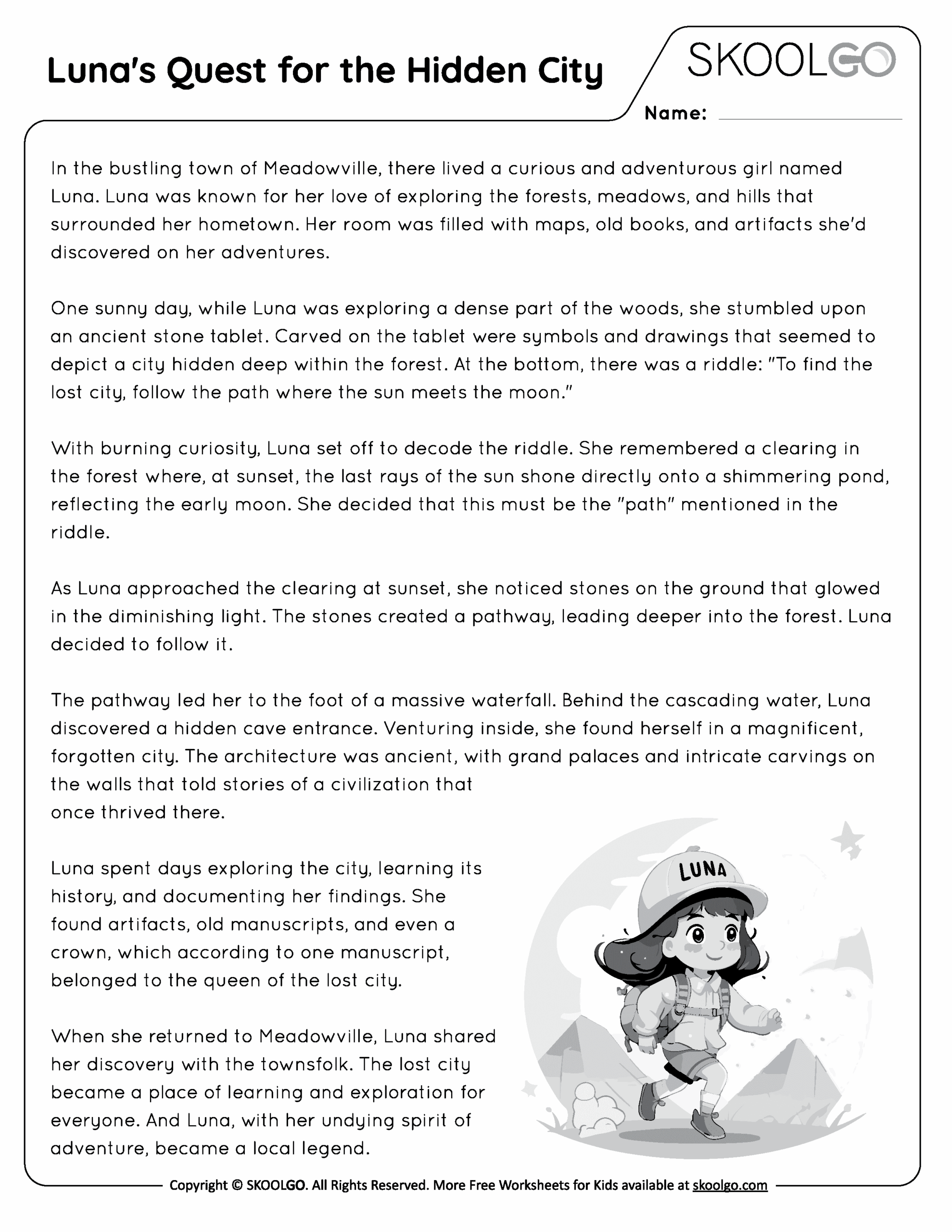 Luna s Quest For The Hidden City Reading Comprehension Worksheet