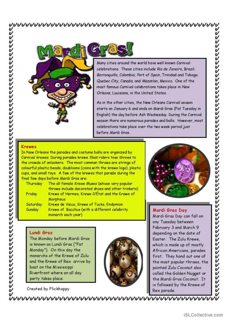 Mardi Gras English ESL Worksheets Pdf Doc
