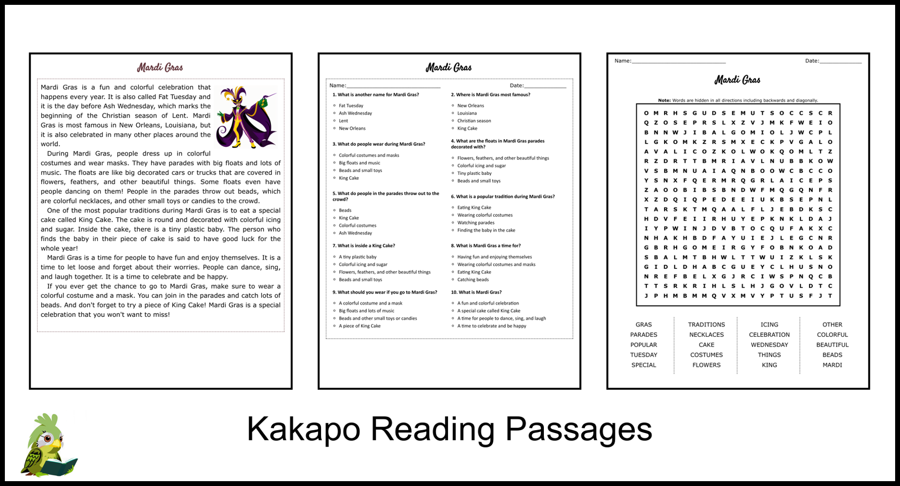 Mardi Gras Reading Comprehension And Word Search Teaching Resources