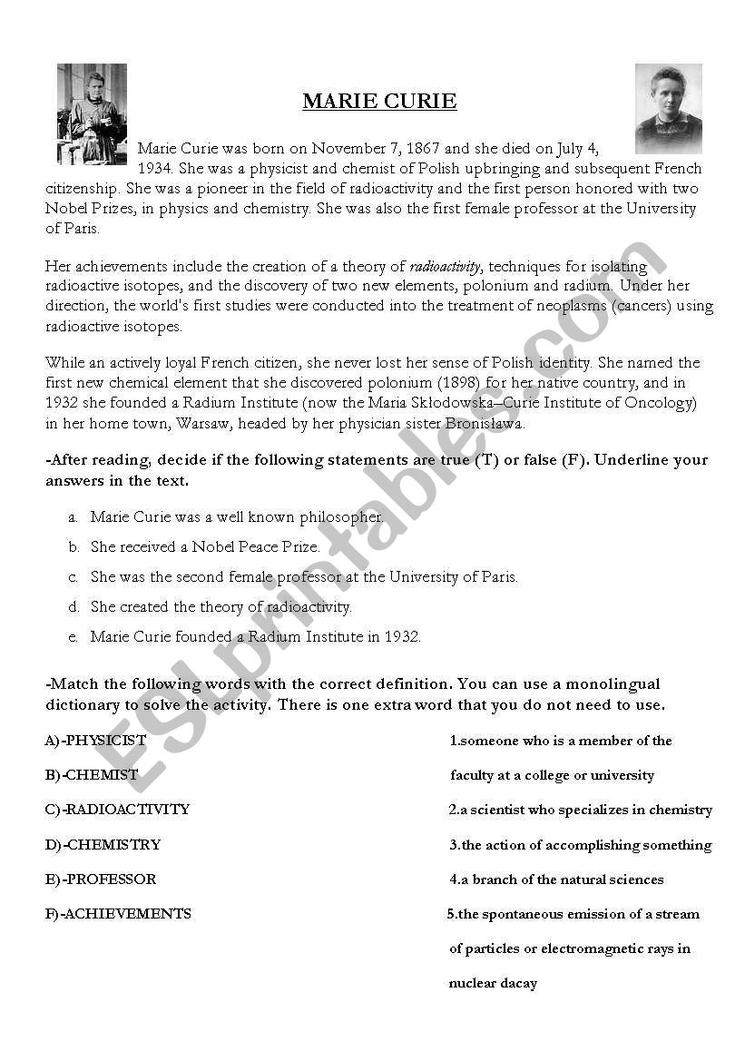 MARIE CURIE ESL Worksheet By Anita24