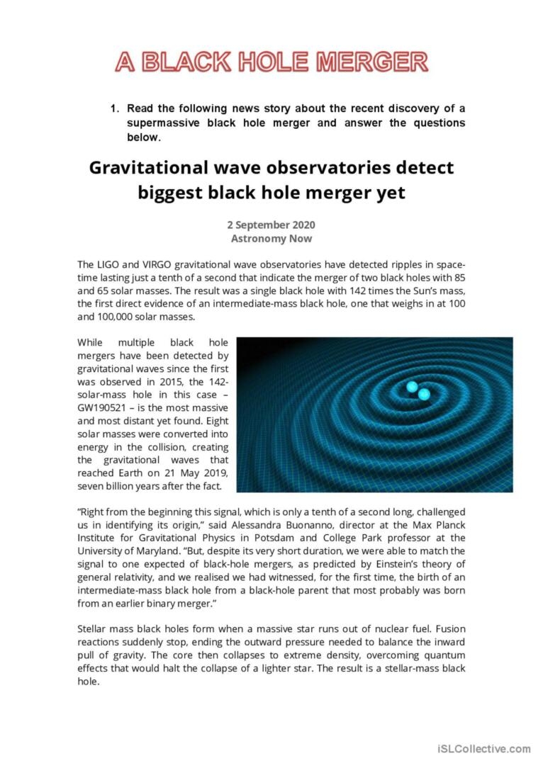 Massive Black Hole Merger Discovered English ESL Worksheets Pdf Doc