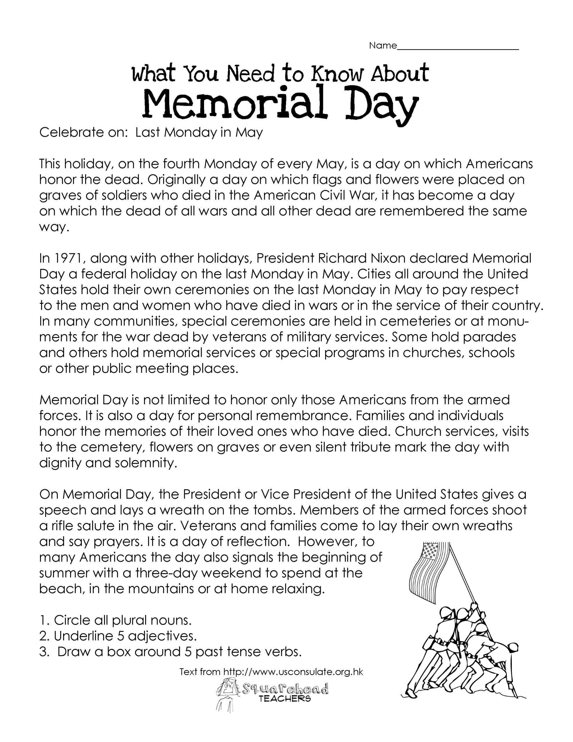 Free Memorial Day Reading Comprehension Worksheets