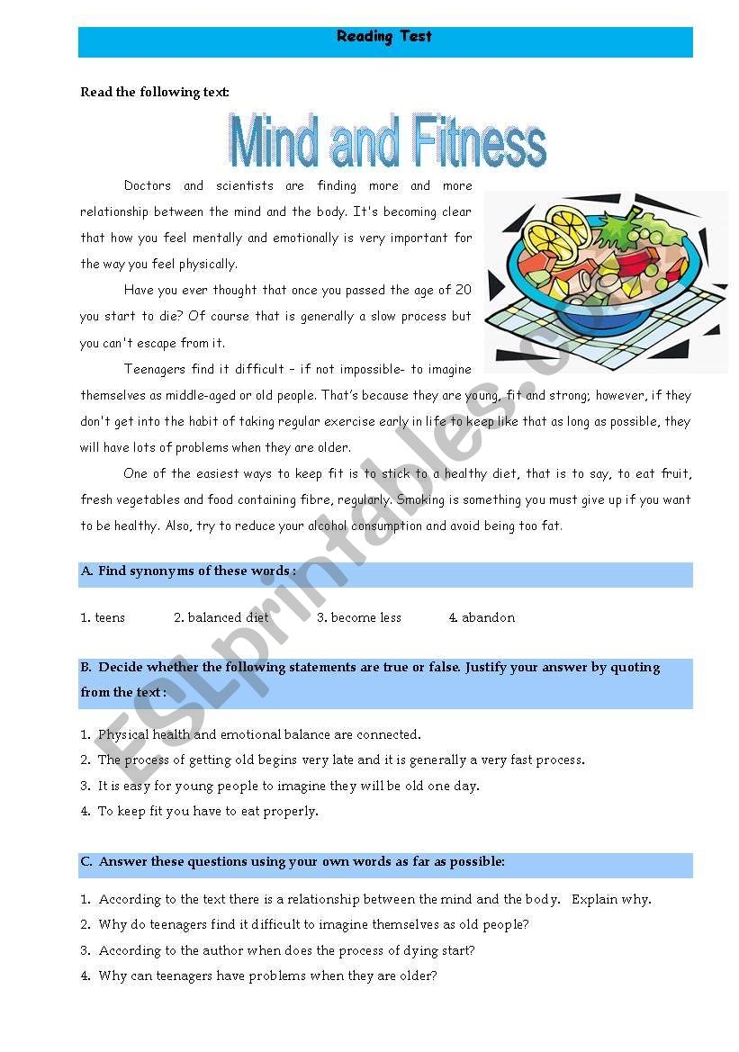Mind And Fitness Reading Test ESL Worksheet By Ana B